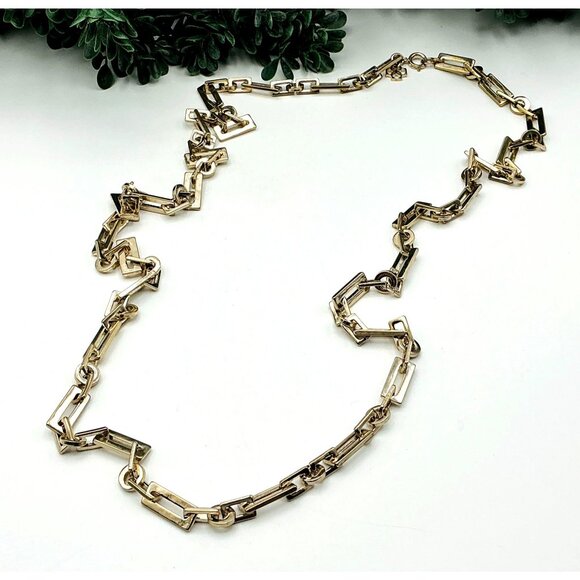 Gold-Tone Rectangular and Angular Link Long Chain Necklace - Picture 2 of 4